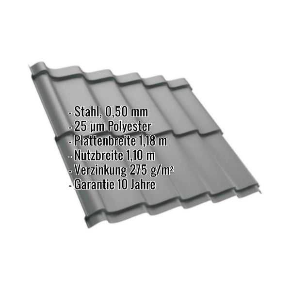 Pfannenblech Szafir 350/15 Graualuminium mit eingeblendeten Eckdaten zu Material, Staerke und Beschichtung