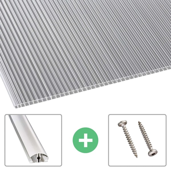 Polycarbonat Doppelstegplatte 10 mm klar, Hauptansicht mit Zubehoer wie Schrauben und Profil