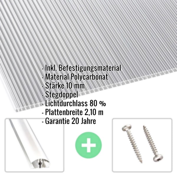 Polycarbonat Doppelstegplatte | 10 mm | Profil A4 | Sparpaket | Plattenbreite 2,10 m | Klar | 2-Seiten UV-Schutz | Breite 6,45 m | Länge 6,00 m