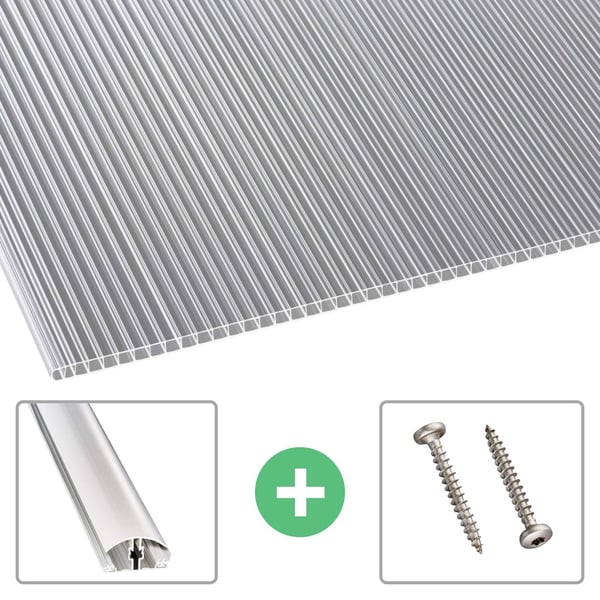 Polycarbonat Doppelstegplatte | 10 mm | Profil A4 | Sparpaket | Plattenbreite 2,10 m | Klar | 2-Seiten UV-Schutz | Breite 6,45 m | Länge 6,00 m