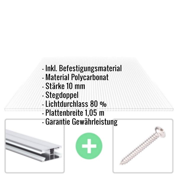Polycarbonat Doppelstegplatte 10 mm, klar, mit eingeblendeten Eckdaten und Befestigungsmaterial