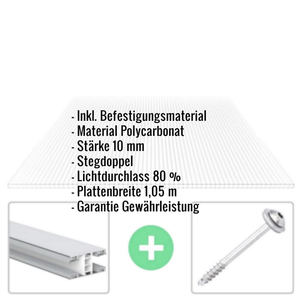 Polycarbonat Doppelstegplatte 10 mm klar, mit eingeblendeten Eckdaten und Befestigungsmaterial