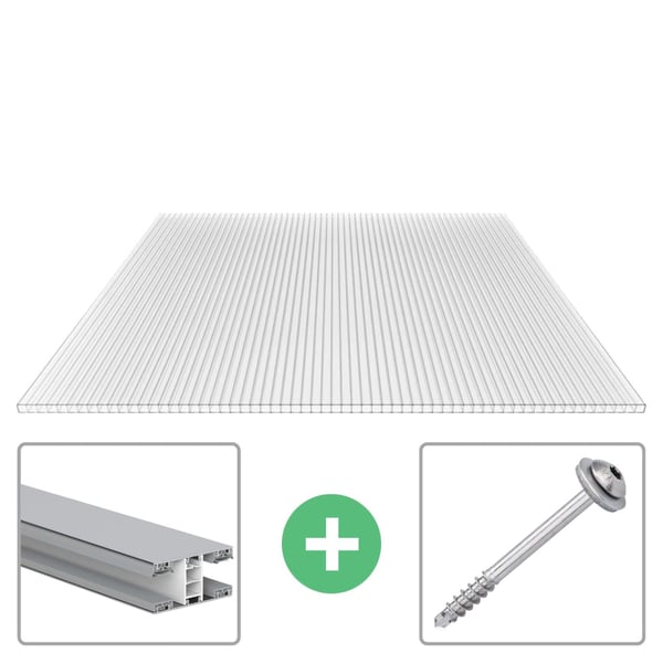 Polycarbonat Doppelstegplatte 10 mm klar, Hauptansicht mit Befestigungsprofil und Schraube