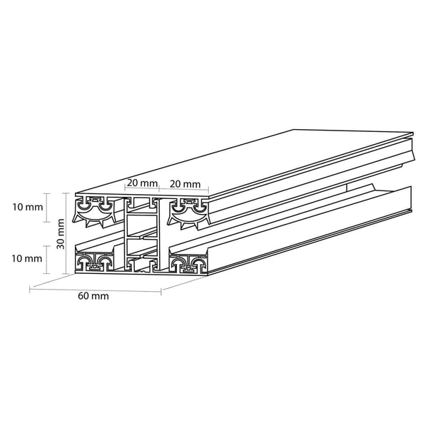 Technische Zeichnung eines Aluminium-Verbindungsprofils mit Massen für 10 mm Platten