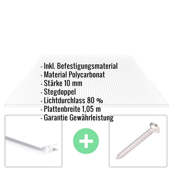 Polycarbonat Doppelstegplatte 10 mm klar mit eingeblendeten Eckdaten und Befestigungsmaterial