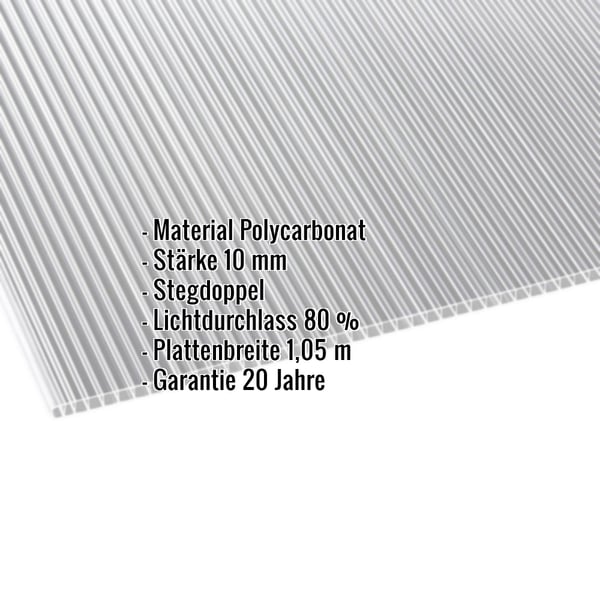 Polycarbonat Doppelstegplatte 10 mm klar, mit eingeblendeten Eckdaten zu Material, Stärke und Lichtdurchlass