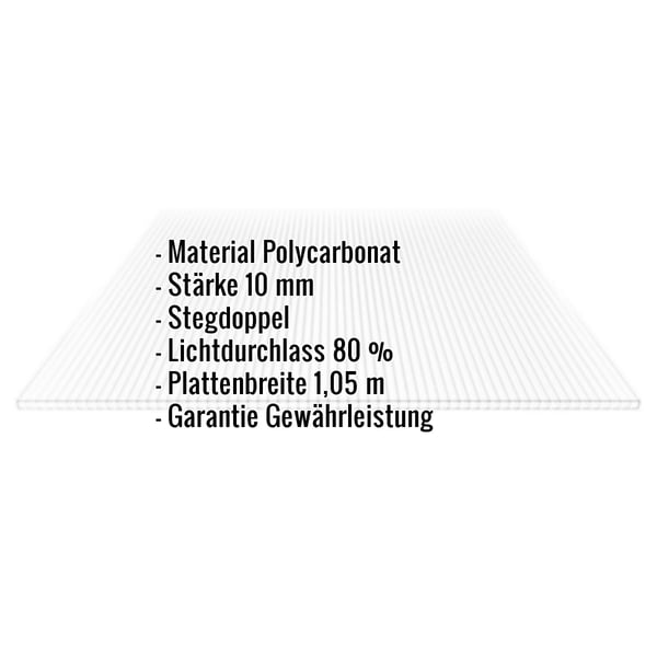 Polycarbonat Doppelstegplatte 10 mm klar, Eckdaten wie Material, Stärke, Lichtdurchlass eingeblendet
