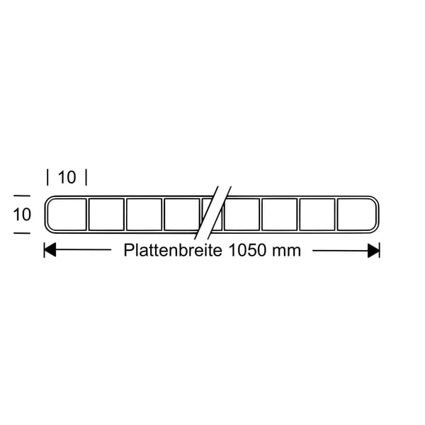 Technische Zeichnung der Polycarbonat Doppelstegplatte 10 mm mit Maßen für Plattenbreite 1050 mm