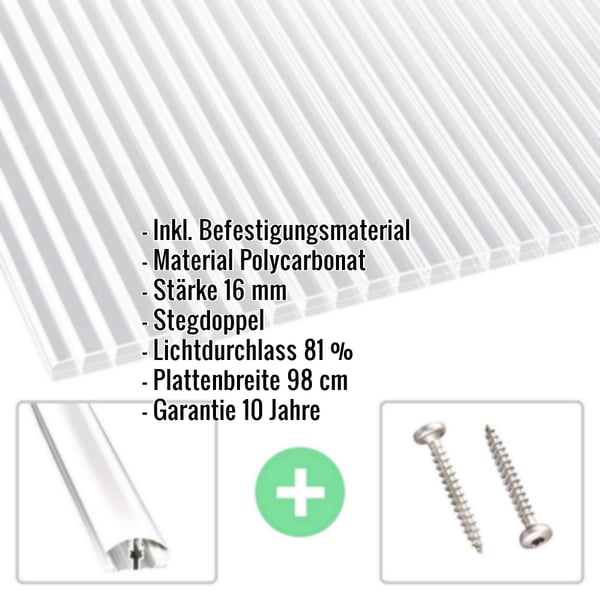 Polycarbonat Doppelstegplatte | 16 mm | Profil A4 | Sparpaket | Plattenbreite 98 cm | Klar | Breitkammer | Breite 8,13 m | Länge 6,00 m