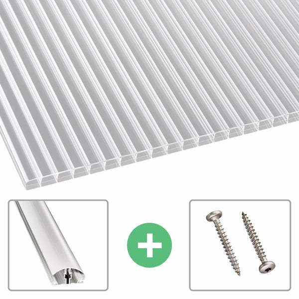 Polycarbonat Doppelstegplatte | 16 mm | Profil A4 | Sparpaket | Plattenbreite 98 cm | Klar | Breitkammer | Breite 8,13 m | Länge 6,00 m