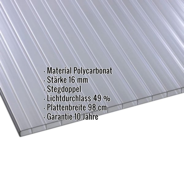 Polycarbonat Doppelstegplatte 16 mm Graphit, mit eingeblendeten Eckdaten zu Material, Stärke und Lichtdurchlass