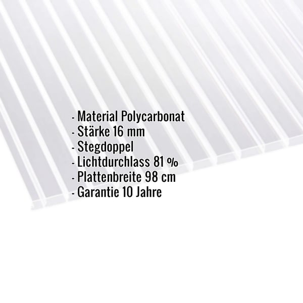 Polycarbonat Doppelstegplatte 16 mm klar, mit eingeblendeten Eckdaten zu Material, Stärke, Lichtdurchlass und Garantie
