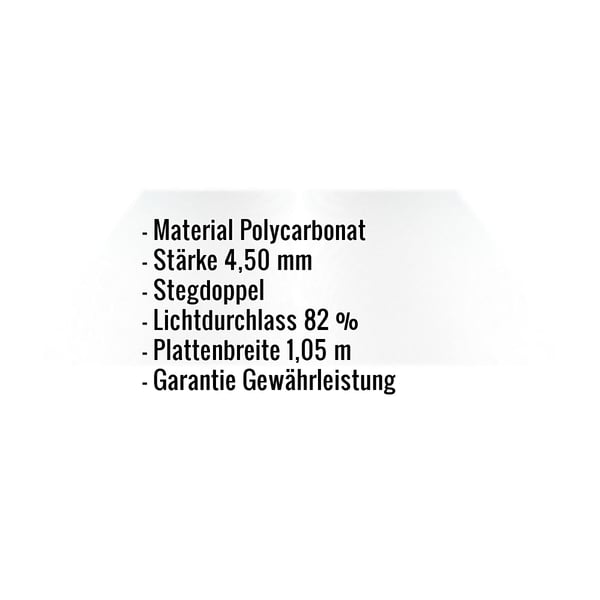 Polycarbonat Doppelstegplatte klar, 4,5 mm, mit eingeblendeten Eckdaten zu Material, Stärke und Lichtdurchlass