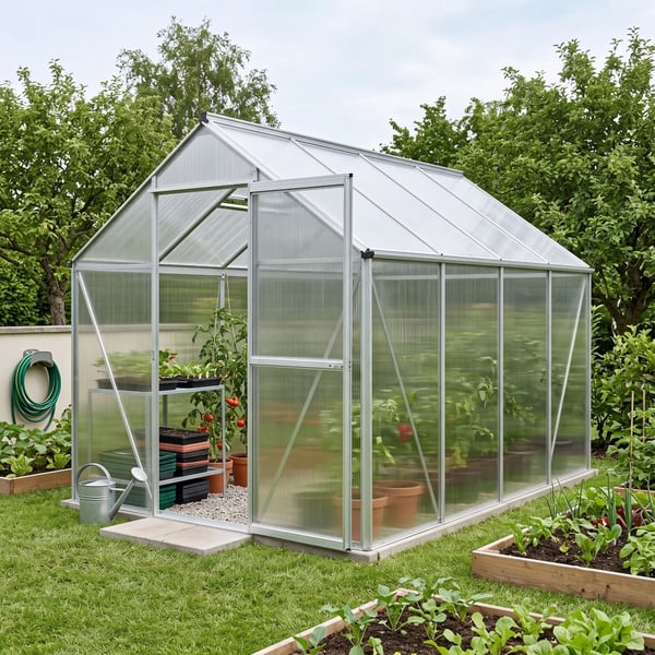 Gewächshaus mit klarer Polycarbonat Doppelstegplatte, 4,5 mm, als Dach- und Wandverkleidung im Garten