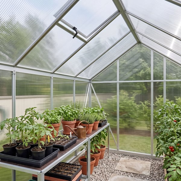 Innenansicht eines Gewächshauses mit klarer Polycarbonat Doppelstegplatte, 4,5 mm, als Dach und Wände