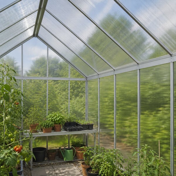 Innenansicht eines Gewächshauses mit klarer Polycarbonat Doppelstegplatte, 4,5 mm, als Dach und Wände