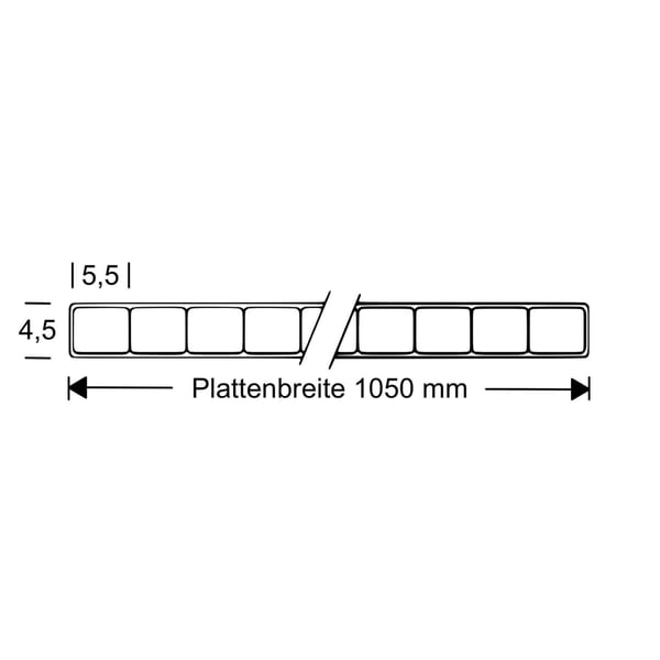 Technische Zeichnung der Polycarbonat Doppelstegplatte, 4,5 mm, mit Massangaben für Stärke und Plattenbreite