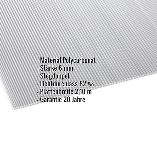 Polycarbonat Doppelstegplatte 6 mm klar mit eingeblendeten Eckdaten zu Material, Stärke, Lichtdurchlass und Garantie