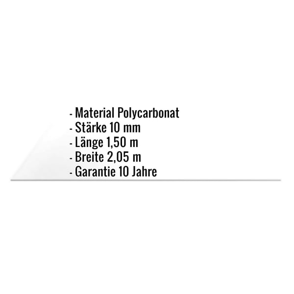 Infografik: Eckdaten der Scobalit Polycarbonat Massivplatte 10 mm, klar, mit Material, Stärke, Länge, Breite, Garantie