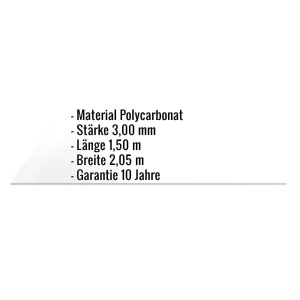 Polycarbonat Massivplatte 3 mm, klar, mit eingeblendeten Eckdaten zu Material, Stärke, Länge, Breite und Garantie
