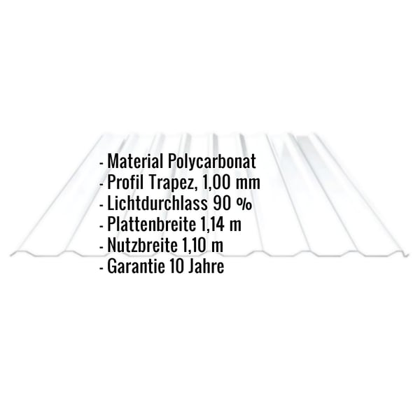 Polycarbonat Spundwandplatte klar, 1,00 mm, mit eingeblendeten Eckdaten zu Material, Profil, Lichtdurchlass