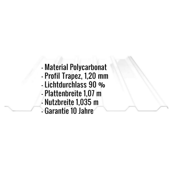 Polycarbonat Spundwandplatte 207/35, klar, 1,20 mm, mit eingeblendeten Eckdaten