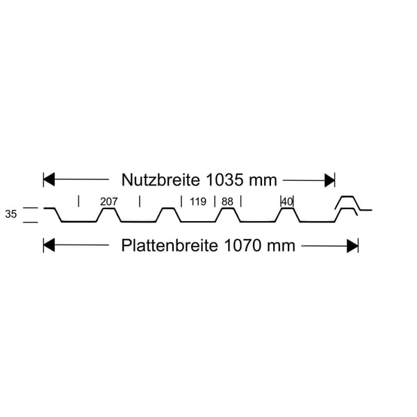 Technische Zeichnung der Polycarbonat Spundwandplatte 207/35 mit Massen in mm
