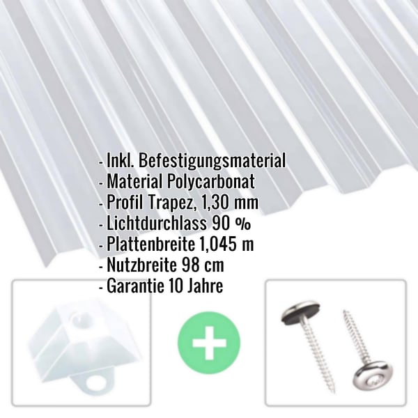 Polycarbonat Spundwandplatte klar, 1,30 mm, mit eingeblendeten Eckdaten und Befestigungsmaterial
