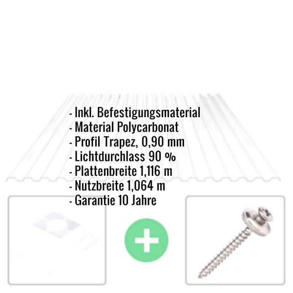 Infografik: Eckdaten der Polycarbonat Spundwandplatte 76/18 klar mit Befestigungsmaterial