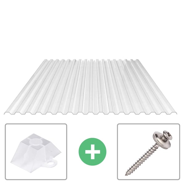 Polycarbonat Spundwandplatte 76/18 klar, 0,90 mm, mit Abstandhalter und Schraube