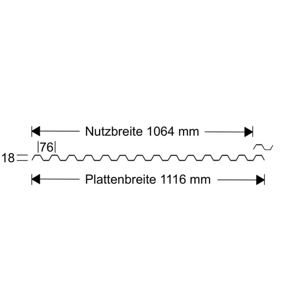 Technische Zeichnung der Polycarbonat Spundwandplatte 76/18 mit Nutz- und Plattenbreite