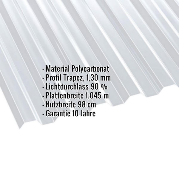 Polycarbonat Spundwandplatte klar 1,30 mm mit eingeblendeten Eckdaten zu Material, Profil, Lichtdurchlass und Massen