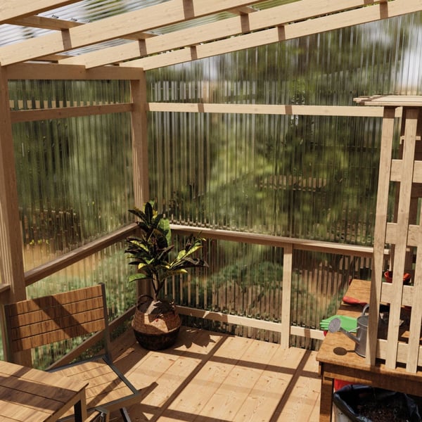Seitenwand einer Holzkonstruktion mit klaren Polycarbonat Spundwandplatten, Blick in den Garten