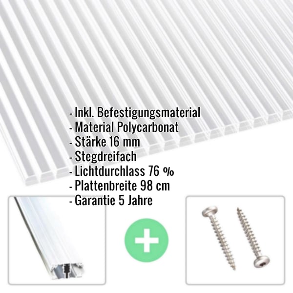 Polycarbonat Stegplatte | 16 mm | Profil A1 | Sparpaket | Plattenbreite 98 cm | Klar | Blueline | Breite 8,12 m | Länge 6,00 m