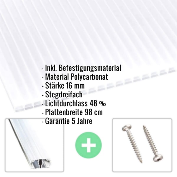 Polycarbonat Stegplatte | 16 mm | Profil A1 | Sparpaket | Plattenbreite 98 cm | Opal Weiß | Blueline | Breite 8,12 m | Länge 6,00 m