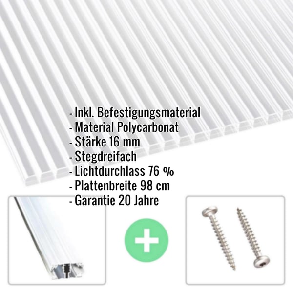 Polycarbonat Stegplatte 16 mm klar, mit eingeblendeten Eckdaten und Befestigungsmaterial