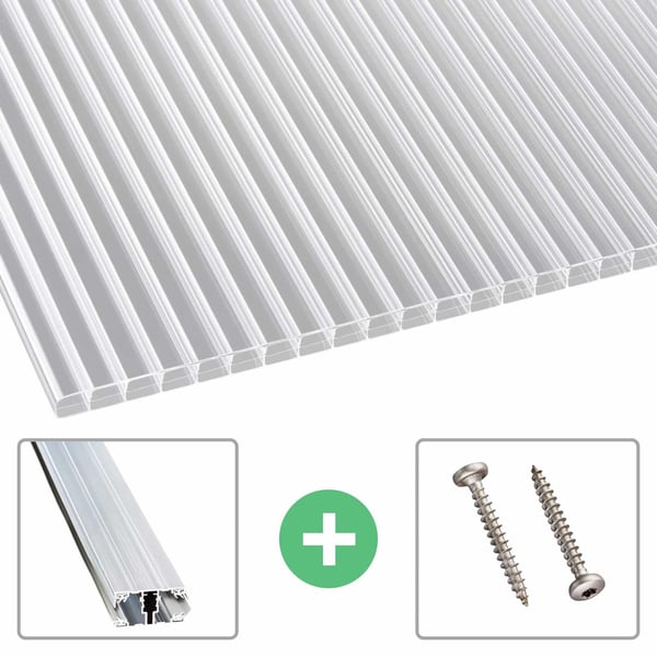 Polycarbonat Stegplatte 16 mm klar, mit Aluminiumprofil und zwei Schrauben
