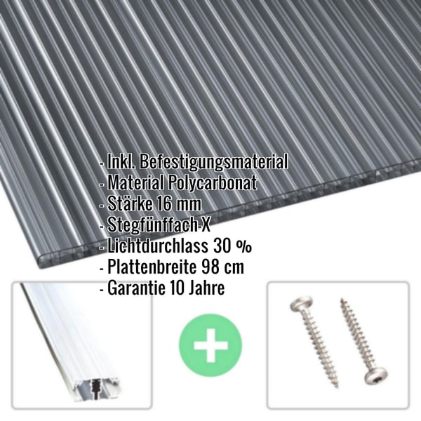 Polycarbonat Stegplatte | 16 mm | Profil A1 | Sparpaket | Plattenbreite 98 cm | Graphit | X-Struktur | Breite 4,09 m | Länge 2,00 m
