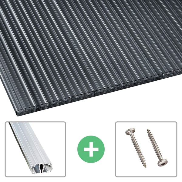 Polycarbonat Stegplatte | 16 mm | Profil A1 | Sparpaket | Plattenbreite 98 cm | Graphit | X-Struktur | Breite 4,09 m | Länge 2,00 m