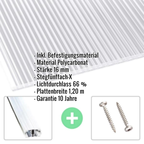 Polycarbonat Stegplatte | 16 mm | Profil A1 | Sparpaket | Plattenbreite 1,20 m | Klar | X-Struktur | Breite 6,20 m | Länge 2,00 m