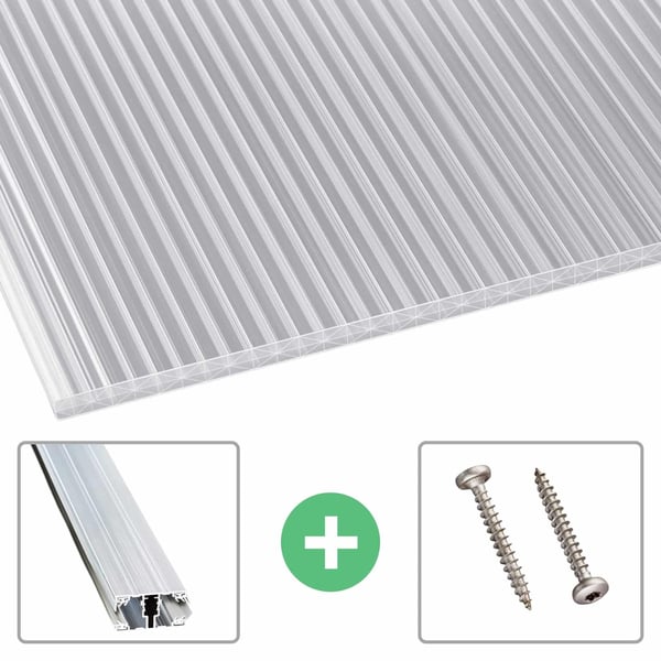 Polycarbonat Stegplatte | 16 mm | Profil A1 | Sparpaket | Plattenbreite 1,20 m | Klar | X-Struktur | Breite 6,20 m | Länge 2,00 m