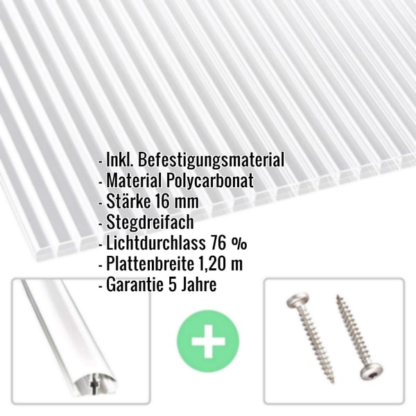 Polycarbonat Stegplatte | 16 mm | Profil A4 | Sparpaket | Plattenbreite 1,20 m | Klar | Blueline | Breite 9,90 m | Länge 6,00 m