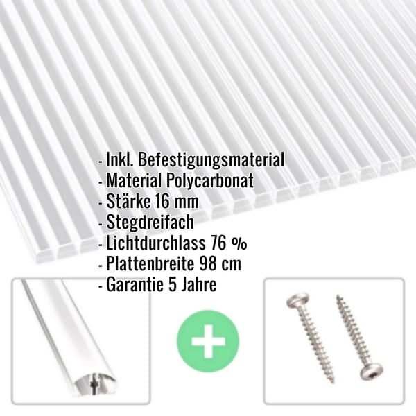 Polycarbonat Stegplatte | 16 mm | Profil A4 | Sparpaket | Plattenbreite 98 cm | Klar | Blueline | Breite 7,12 m | Länge 4,00 m