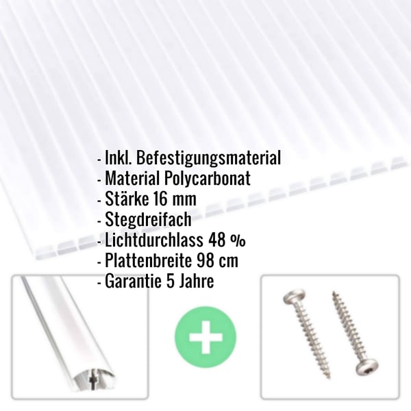 Polycarbonat Stegplatte | 16 mm | Profil A4 | Sparpaket | Plattenbreite 98 cm | Opal Weiß | Blueline | Breite 7,12 m | Länge 6,00 m