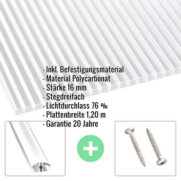 Polycarbonat Stegplatte 16 mm klar, mit eingeblendeten Produktdaten und Zubehoer wie Schrauben und Profil
