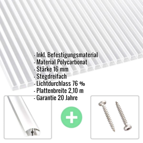 Polycarbonat Stegplatte 16 mm klar, mit eingeblendeten Eckdaten und Zubehoer wie Schrauben und Profil