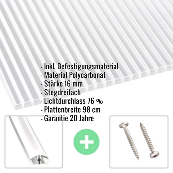 Polycarbonat Stegplatte 16 mm klar, mit eingeblendeten Eckdaten und Zubehoer wie Profile und Schrauben