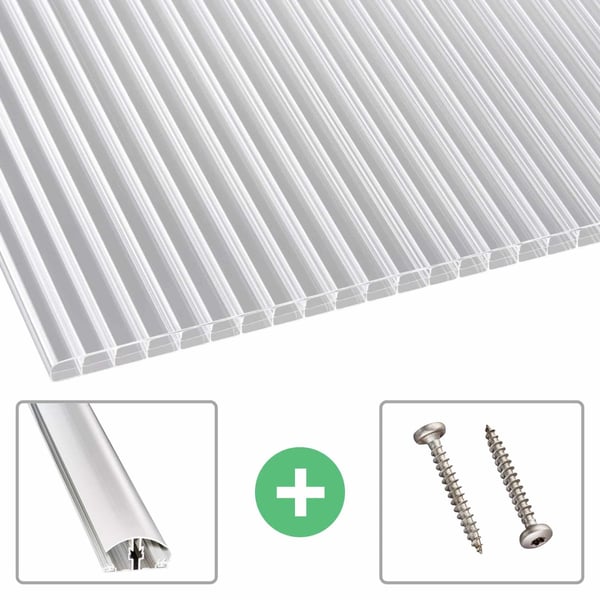 Polycarbonat Stegplatte 16 mm klar, mit Zubehoer wie Aluminiumprofil und Schrauben