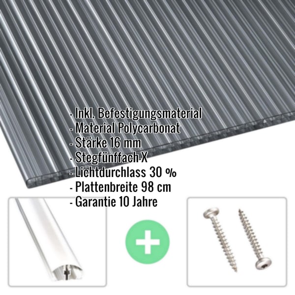 Polycarbonat Stegplatte 16 mm Graphit, Scobalit, mit eingeblendeten Eckdaten und Befestigungsmaterial
