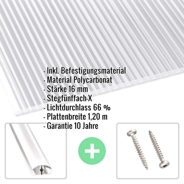Polycarbonat Stegplatte | 16 mm | Profil A4 | Sparpaket | Plattenbreite 1,20 m | Klar | X-Struktur | Breite 6,20 m | Länge 4,00 m